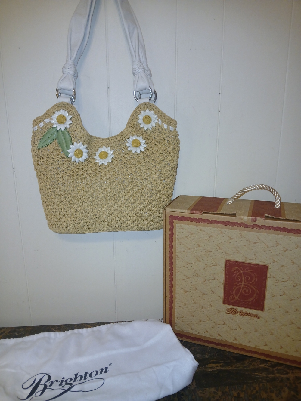 Brighton Beige Straw Shoulder Bag with White Handles and Daisy Appliqués